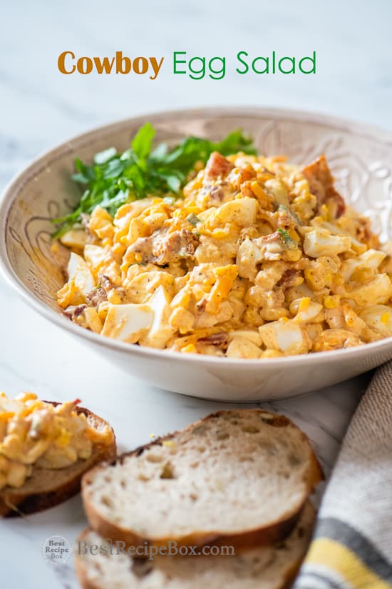 Bacon Ranch Keto Egg Salad Recipe in a bowl with toast