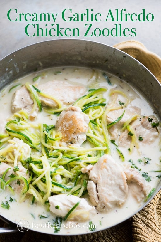 Creamy Garlic Zucchini Noodles recipe Creamy garlic alfredo chicken in a cooking pan 