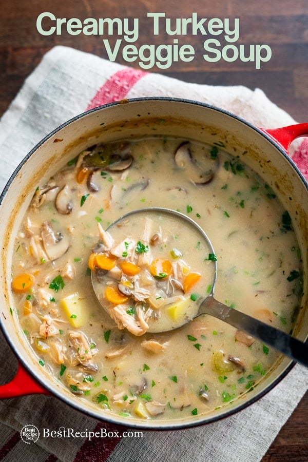 Creamy turkey vegetable soup or chicken soup recipe on cooking pot with ladle