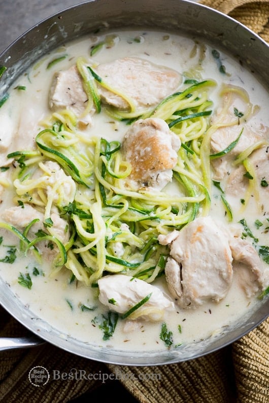 Creamy Garlic Zucchini Noodles in a cooking pan 