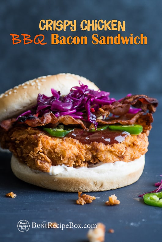 Crispy BBQ Chicken Bacon Sandwich on a cutting board 