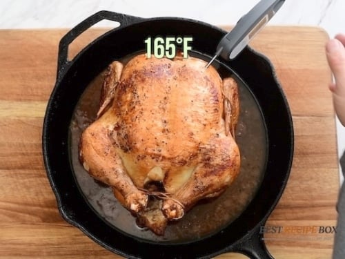 Roasted chicken showing temperature