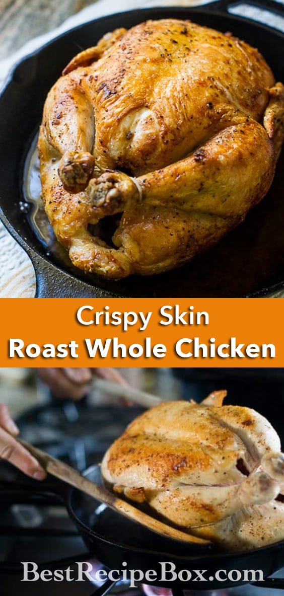 Crispy Skin Oven Roast Chicken Recipe in Cast Iron Skillet on BestRecipeBox.com