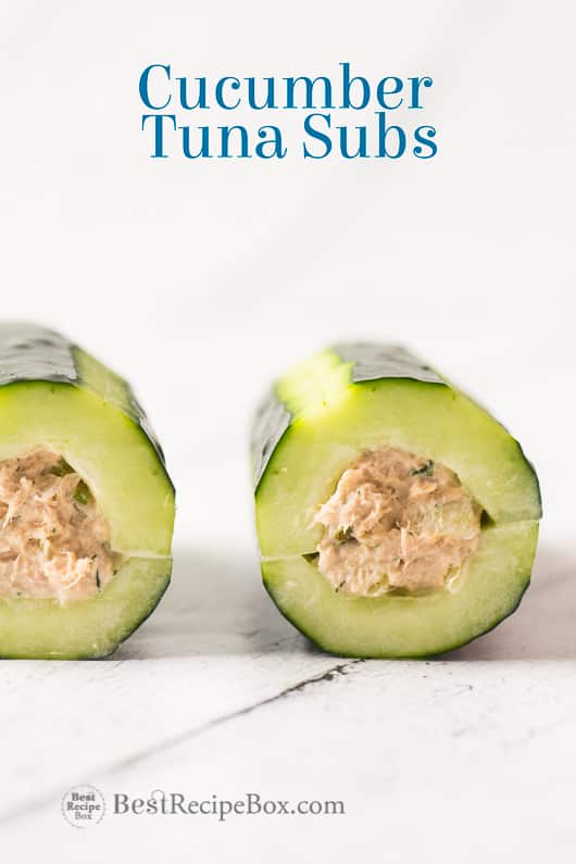 Cucumber Tuna Subs- Low carb Tuna Salad Sandwich on a cutting board