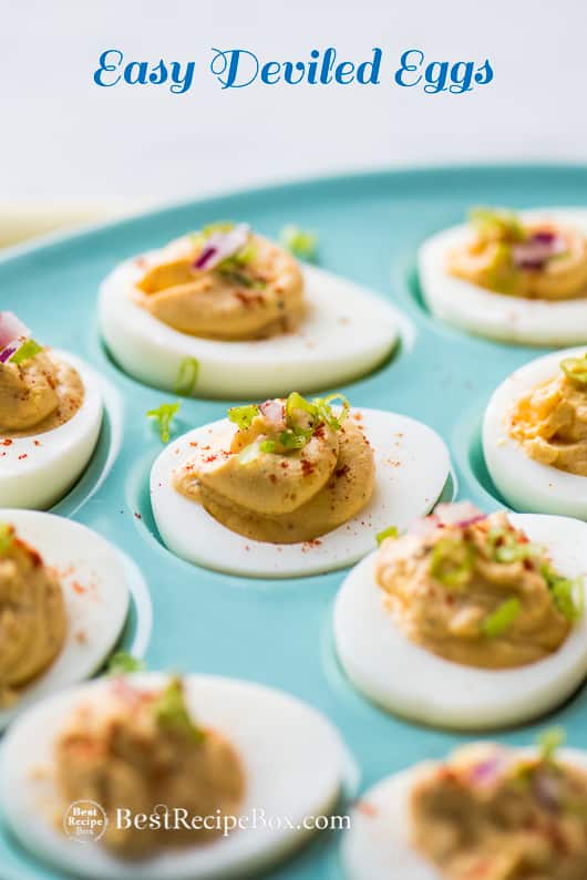 Easy Deviled Eggs and Best Easter Deviled Egg Recipe on a deviled egg platter