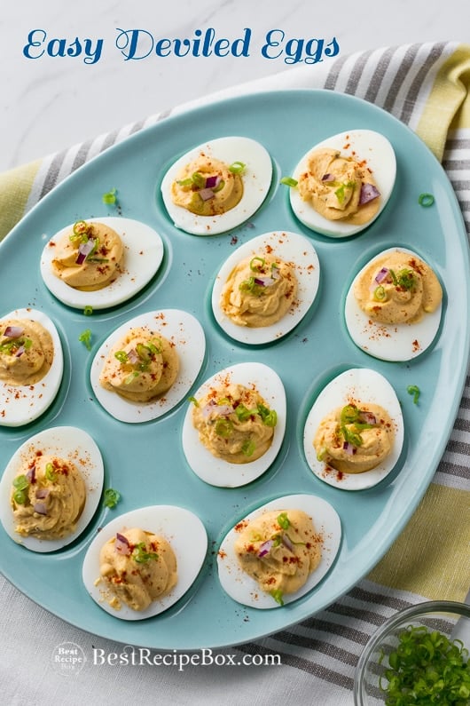 Easy Deviled Eggs and Best Easter Deviled Egg Recipe on a deviled egg platter