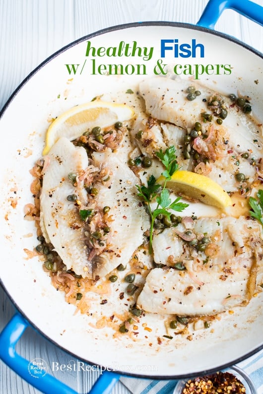 Healthy White Fish Recipe with Lemon Caper Sauce in cooking pan