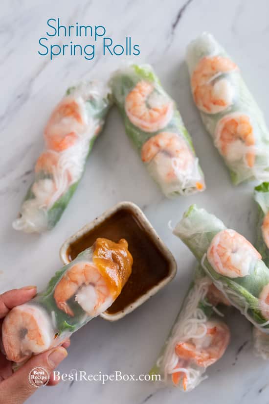 Vietnamese Fresh Shrimp Spring Rolls recipe with peanut dip