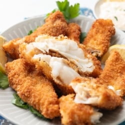 platter of cooked fried fish fillets and dip