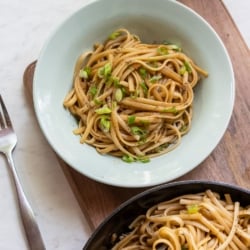 garlic noodles in bowl and pan