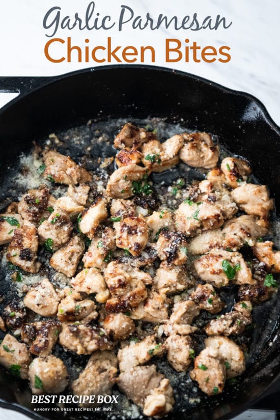 Garlic Parmesan Chicken Bites Recipe on cast iron pan