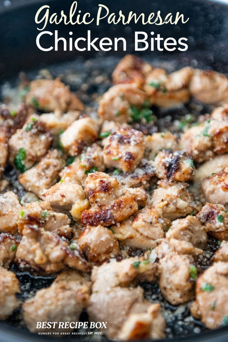 Garlic Parmesan Chicken Bites Recipe on cast iron pan