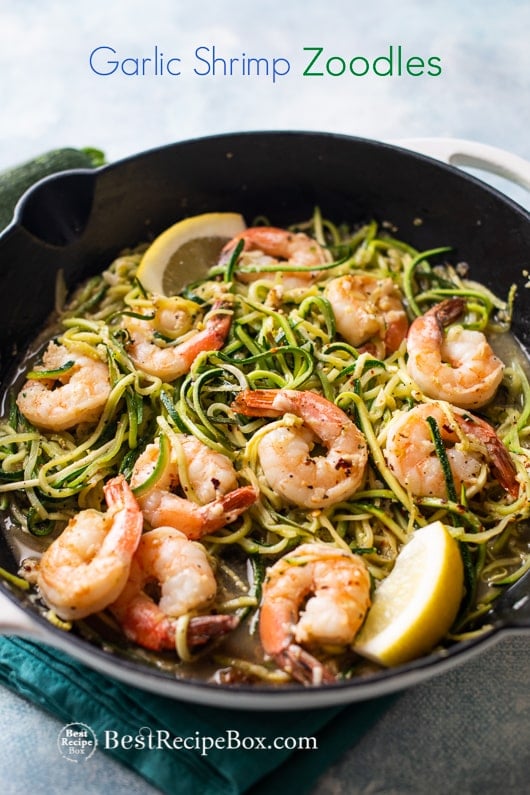 Garlic Shrimp Zucchini Noodles Recipe in a cooking pan 