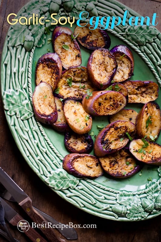 Easy Grilled Eggplant Recipe with Garlic Soy on a plate