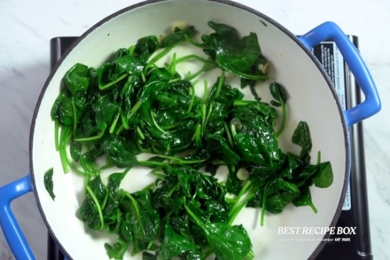 Spinach wilted in a pan
