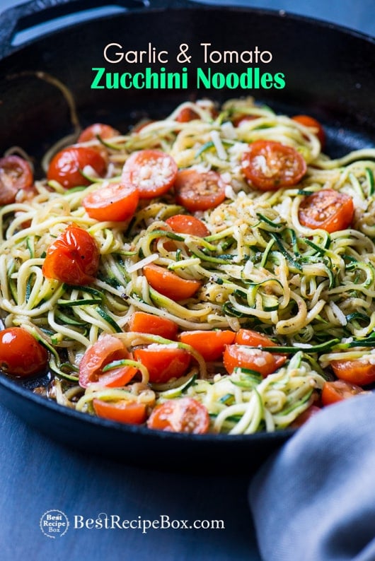 Healthy Garlic Tomato Italian Zucchini Noodles Recipe in cast iron pan