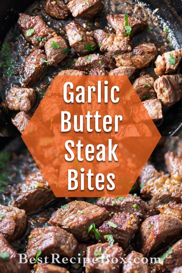 Garlic Steak Bites Recipe in Skillet One Pot Recipe collage