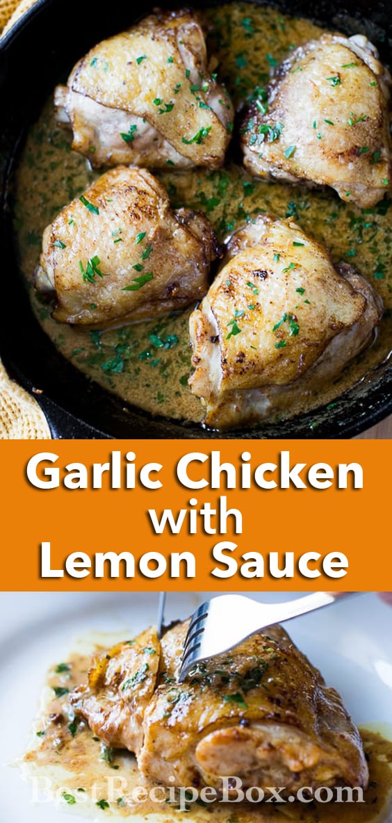 Baked Garlic Chicken Thighs Recipe in Creamy Garlic Lemon Sauce | @bestrecipbox
