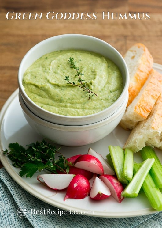 Green Goddess Basil Hummus Recipe in a bowl 