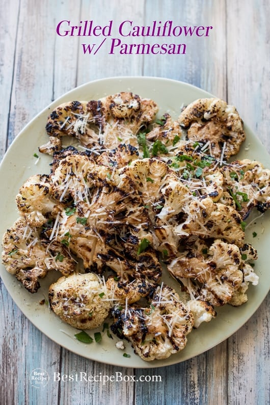 Garlic Grilled Cauliflower Recipe with Parmesan Cheese on a plate 