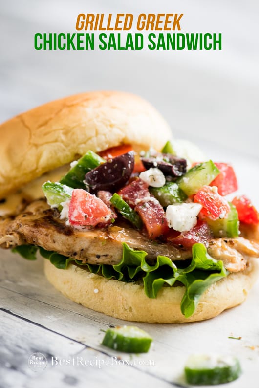 Grilled Greek Chicken Salad Sandwich Recipe on a cutting board 