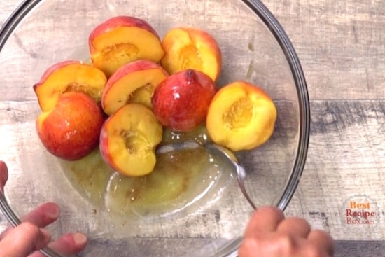 Tossing peaches with brown sugar butter