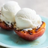 Grilled Peaches a la mode ice cream. Best Summer Peach Dessert Recipe | @bestrecipebox