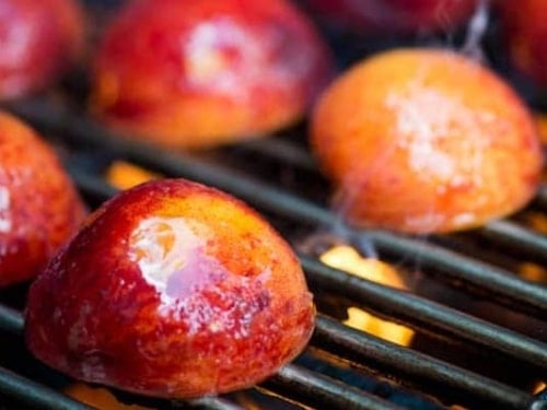 Grilling peaches face side down
