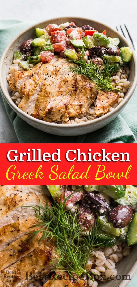 Grilled Greek Chicken Salad Grain Bowl Recipe | @bestrecipebox