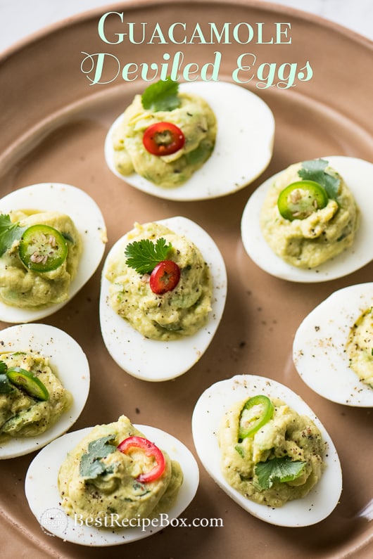 Guacamole Deviled Eggs Recipe with Avocado for Easter or Cinco de Mayo on a plate