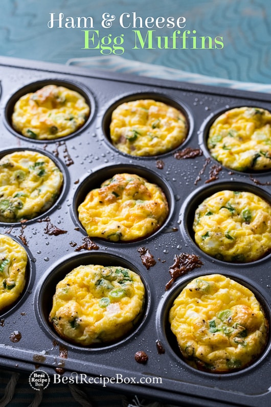 Ham Cheese Egg Muffins Recipe for Breakfast Brunch Recipes in a muffin pan 