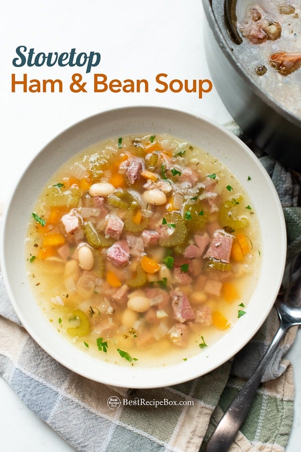 Quick Easy Ham and White Bean Soup Recipe Stove Top in bowl 