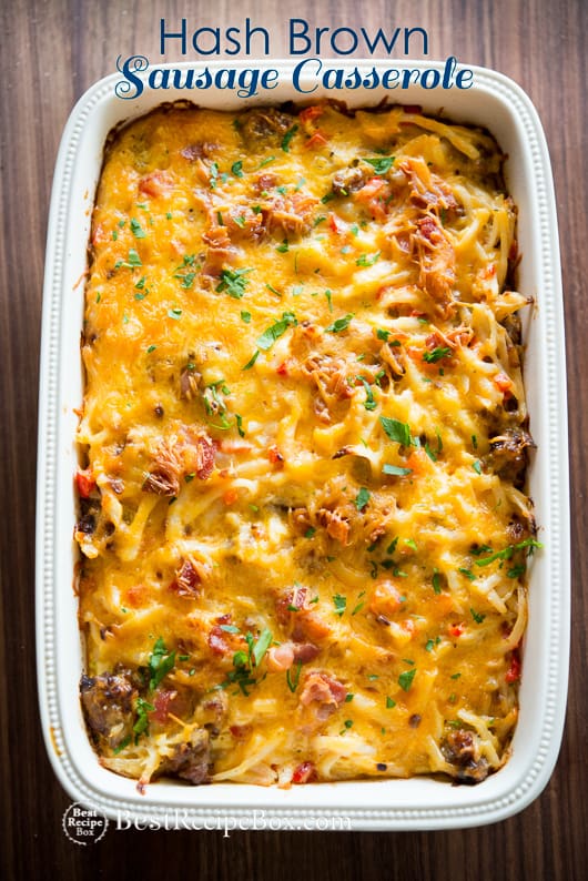 Hash Brown Sausage Casserole with Bacon in casserole