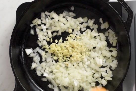Onions and garlic in a skillet