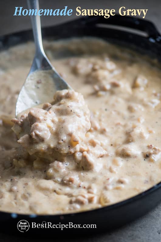 Homemade Sausage Gravy Recipe for Biscuits and Gravy Breakfast cast iron skillet with spoon