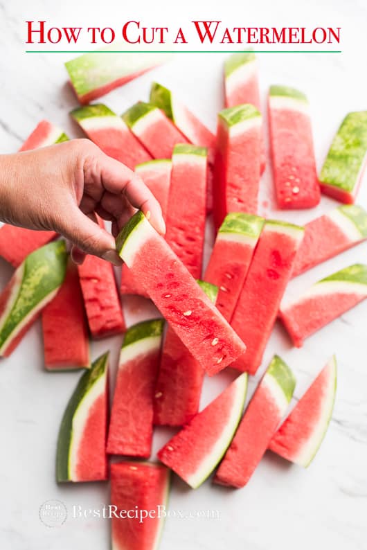 How to Cut Watermelon into Stick for Easy Eating Watermelon Salads on a cutting board
