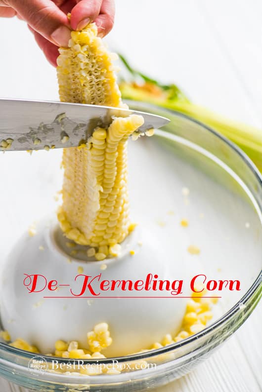 Tips for De-Kernal Corn in a glass bowl with knife 