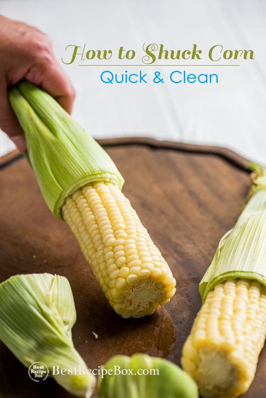 How to Shuck Corn in Microwave and Easy Tip to De-Kernal Corn on a cutting board