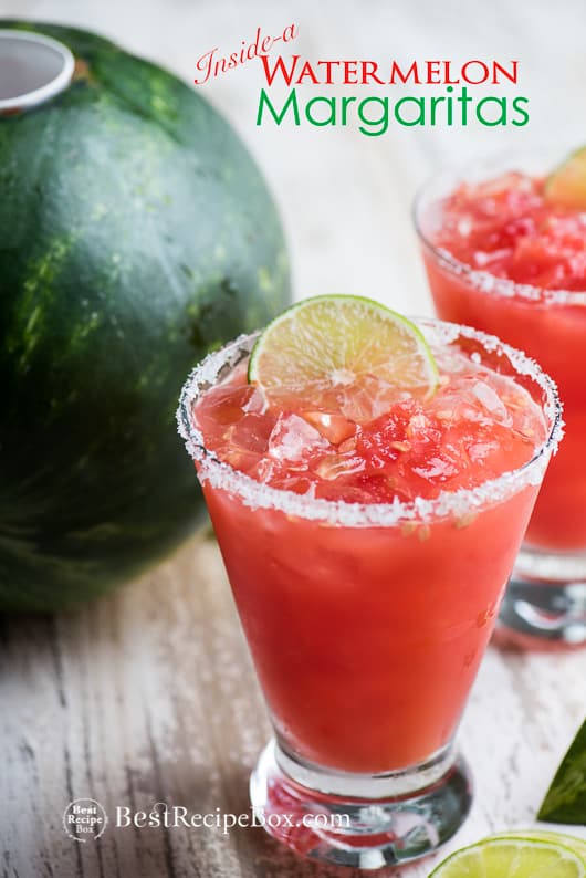 Inside-A-Watermelon Margarita Recipe in a glass with a slice of lime