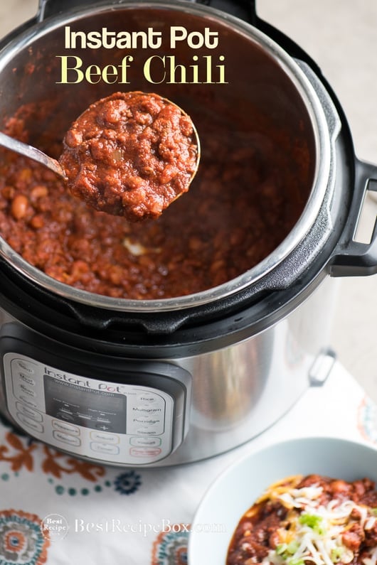 Instant Pot Beef Chili Recipe in Pressure Cooker or Slow Cooker with spoon
