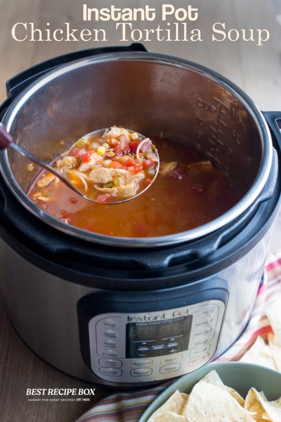Instant Pot Chicken Tortilla Soup with ladle
