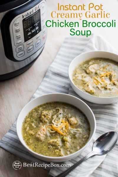 Instant Pot Creamy Garlic Chicken Broccoli Soup Recipe in pressure cooker slow cooker in a bowl with spoon 