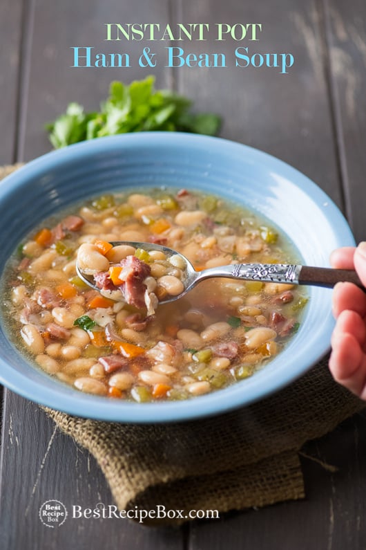 Instant Pot Ham and Bean Soup Recipe in Pressure Cooker or Slow Cooker in a bowl with spoon 