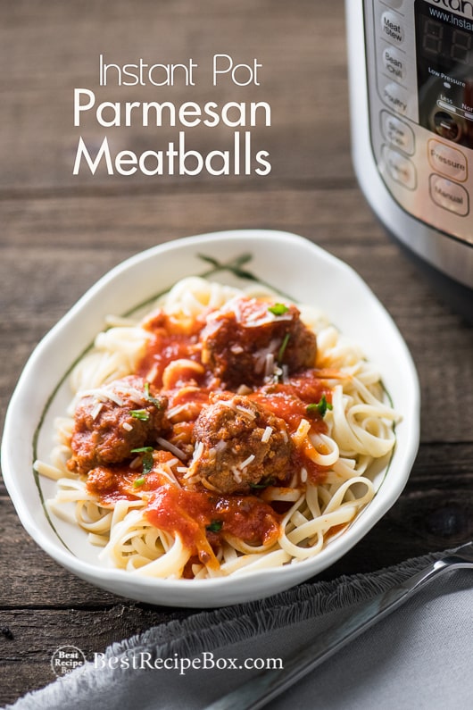Instant Pot Meatballs Recipe in a bowl with pasta