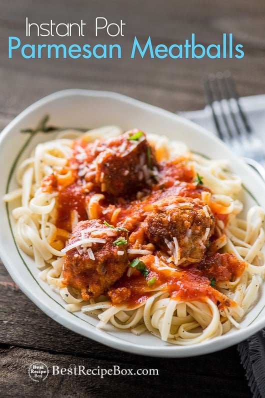 Instant Pot Parmesan Meatballs Recipe or in Slow Cooker on a plate with pasta