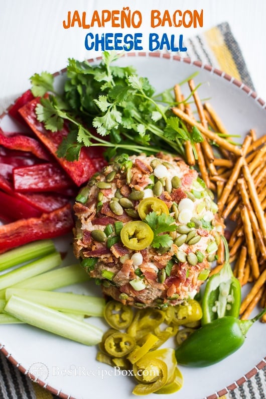 Jalapeno Bacon Cheese Ball Appetizer on plate 