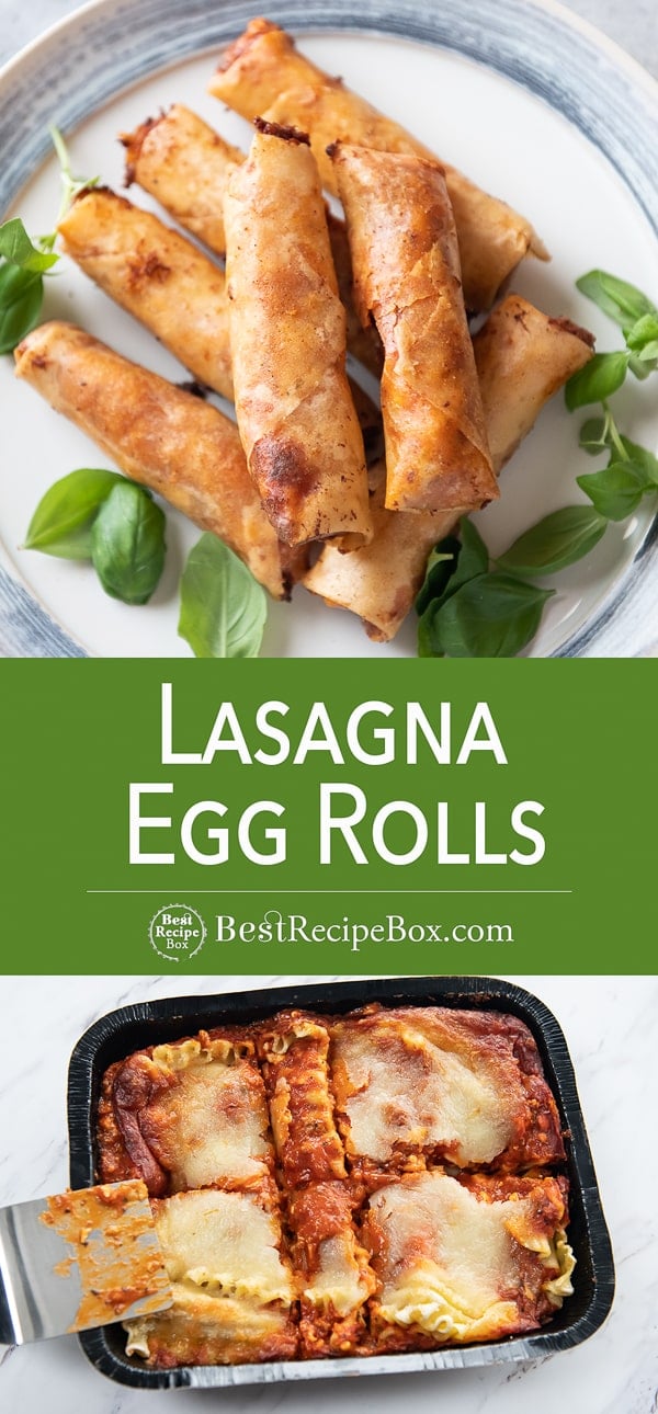 Two photos showing lasagna and fried lasagna egg rolls step by step