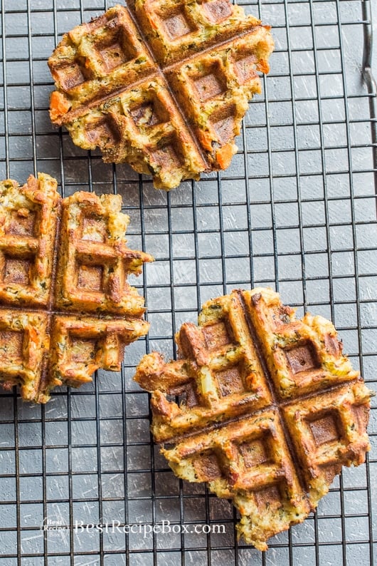 Thanksgiving Leftovers Recipe Stuffing Waffles on a cooling rack 