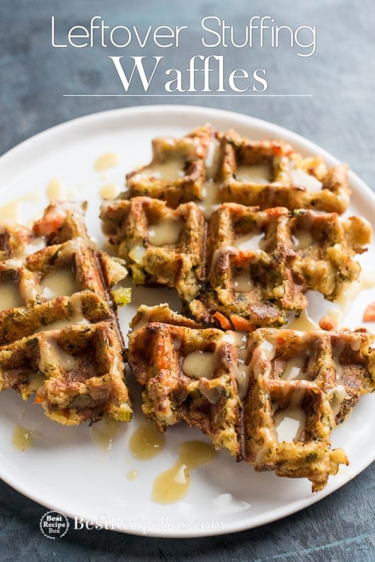 Thanksgiving Leftovers Recipe Stuffing Waffles on a plate 