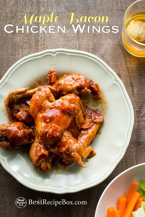 Awesome Sticky Maple Bacon Bourbon Chicken Wings on a plate